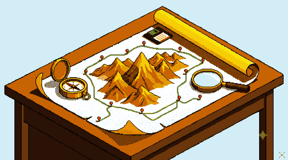 A surveyor's table with a map, compass, and magnifier