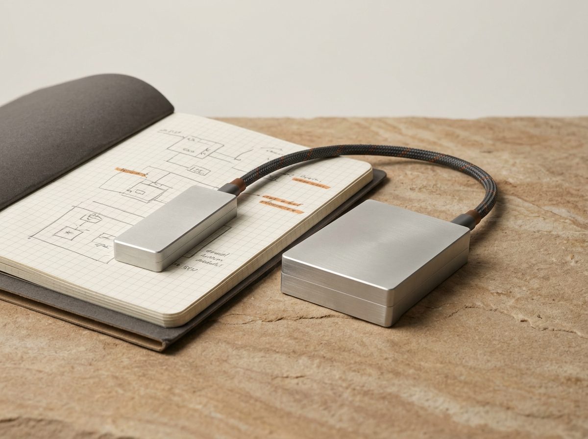 A solid milled aluminum hardware bridge connected by a braided cable to a technical notebook.